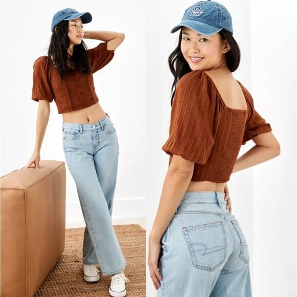 NWT American Eagle Brown Cropped Puff-Sleeve Smocked Blouse Top Size L - Picture 2 of 5